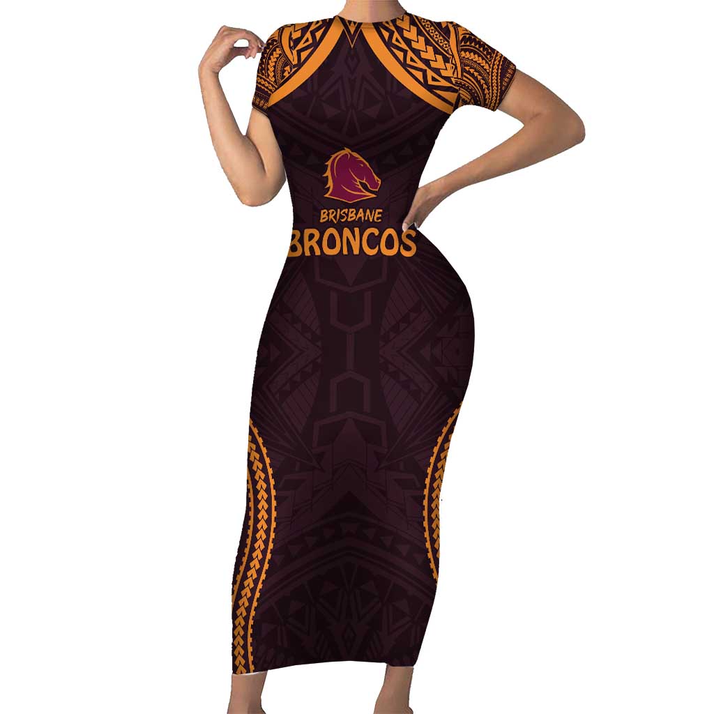 Custom Broncos Rugby Short Sleeve Bodycon Dress With Polynesian Style