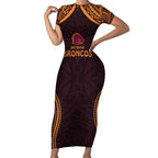 Custom Broncos Rugby Short Sleeve Bodycon Dress With Polynesian Style