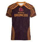 Custom Broncos Rugby Women V-Neck T-Shirt With Polynesian Style