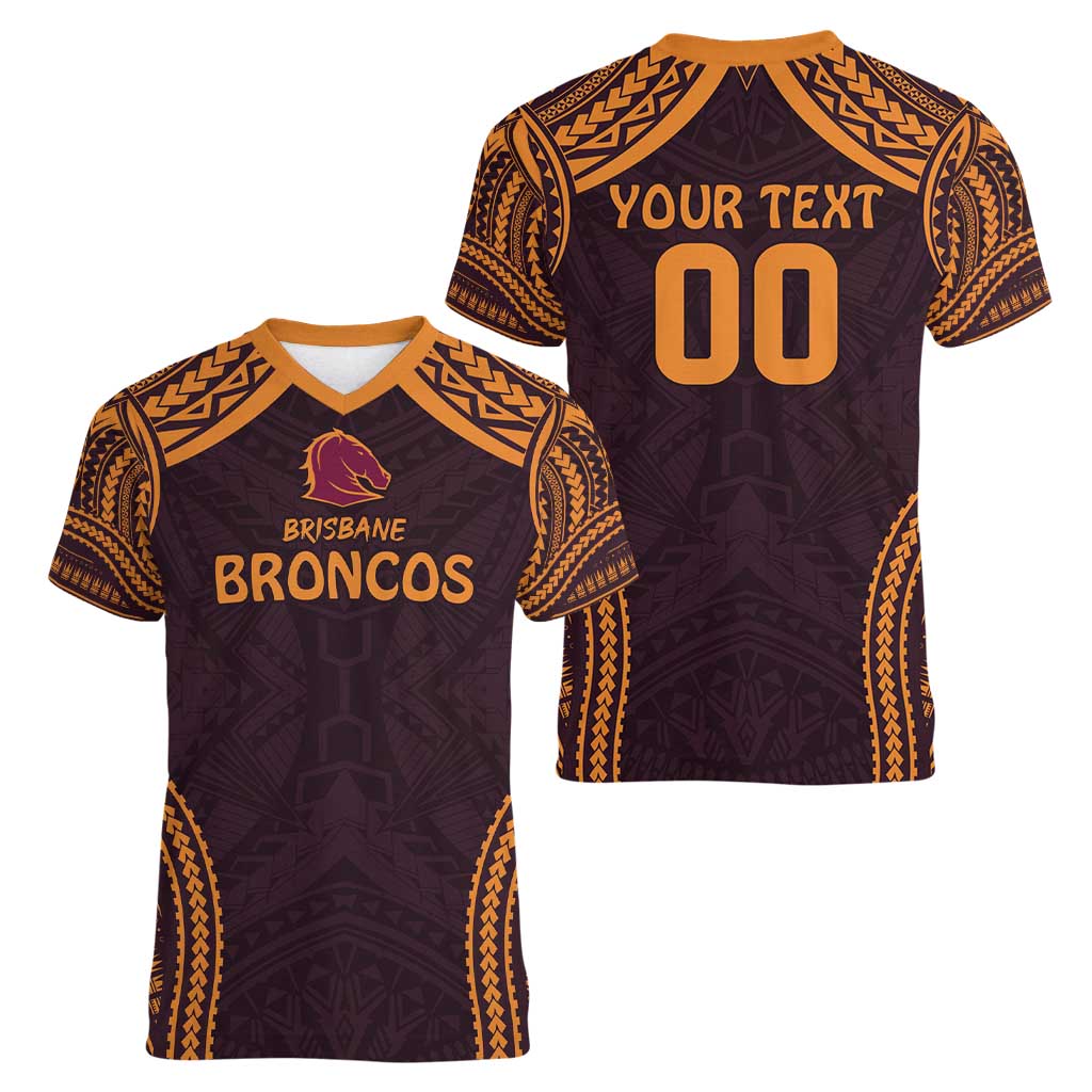 Custom Broncos Rugby Women V-Neck T-Shirt With Polynesian Style