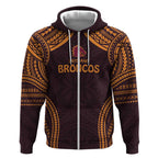 Custom Broncos Rugby Zip Hoodie With Polynesian Style