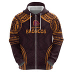 Custom Broncos Rugby Zip Hoodie With Polynesian Style