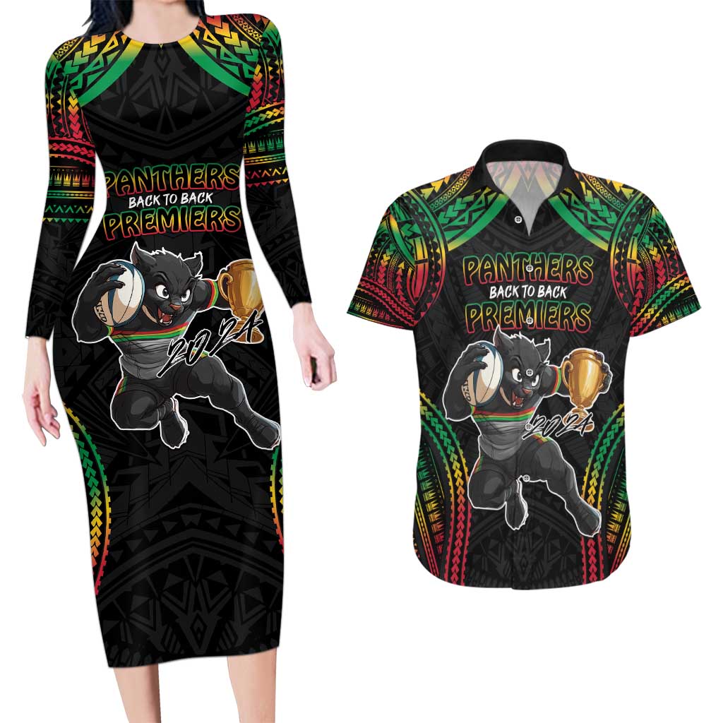 Custom Panthers Champion Grand Final 2024 Couples Matching Long Sleeve Bodycon Dress and Hawaiian Shirt With Polynesian Style