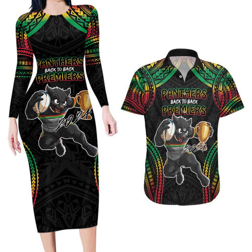 Custom Panthers Champion Grand Final 2024 Couples Matching Long Sleeve Bodycon Dress and Hawaiian Shirt With Polynesian Style