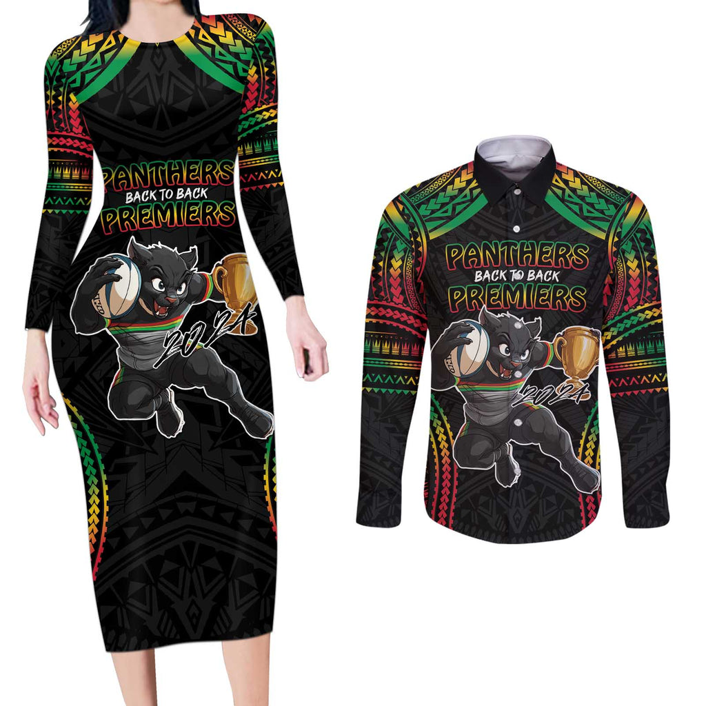 Custom Panthers Champion Grand Final 2024 Couples Matching Long Sleeve Bodycon Dress and Long Sleeve Button Shirt With Polynesian Style