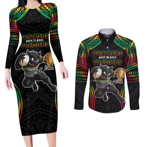 Custom Panthers Champion Grand Final 2024 Couples Matching Long Sleeve Bodycon Dress and Long Sleeve Button Shirt With Polynesian Style