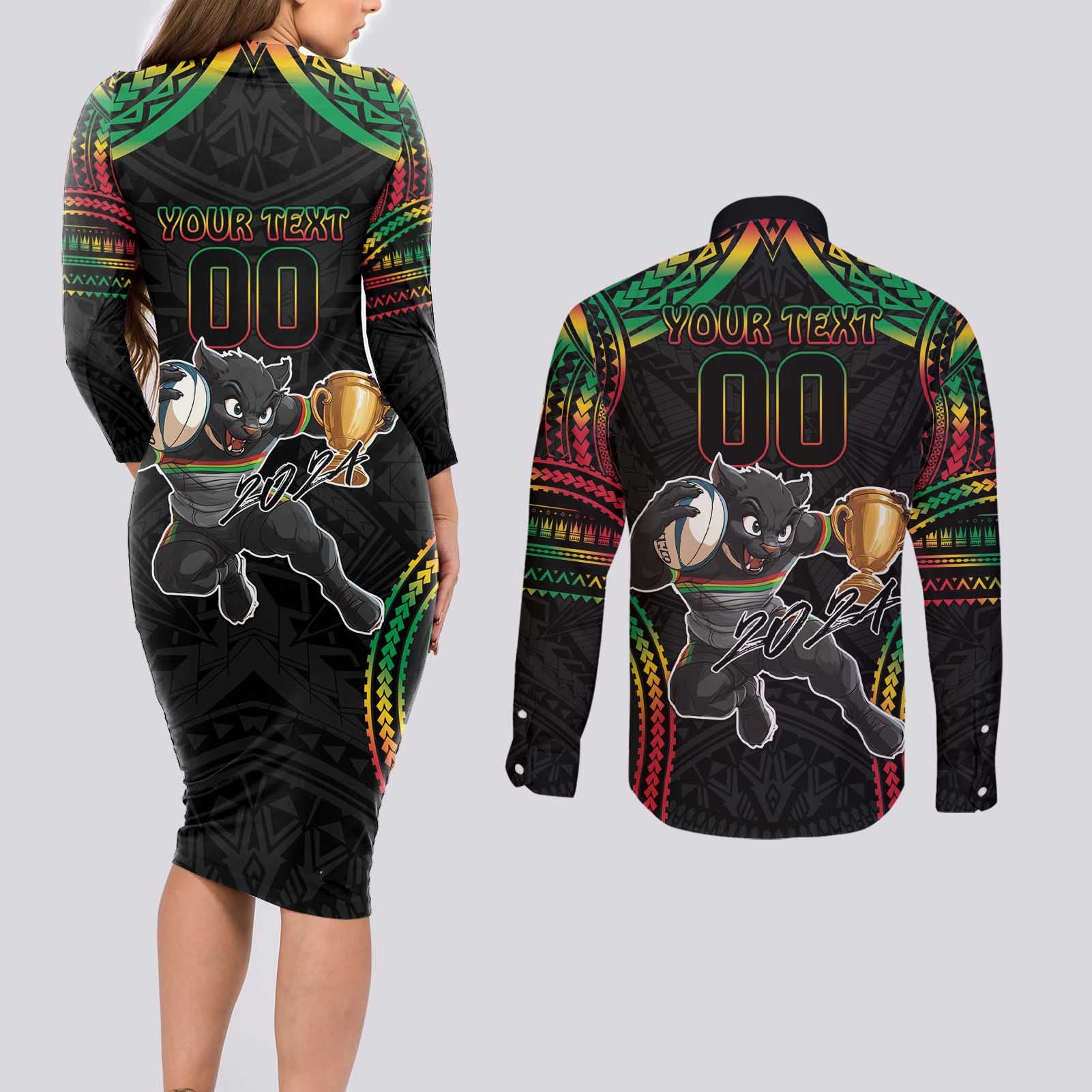 Custom Panthers Champion Grand Final 2024 Couples Matching Long Sleeve Bodycon Dress and Long Sleeve Button Shirt With Polynesian Style
