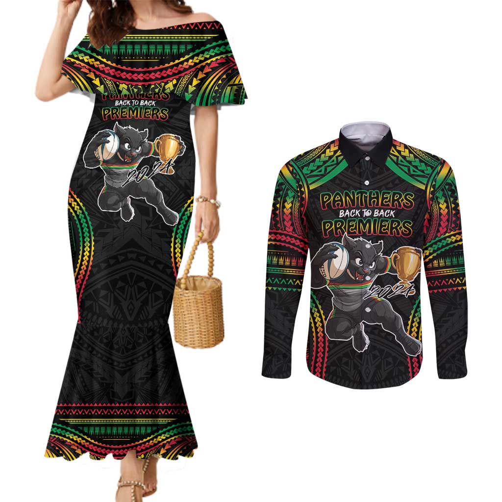 Custom Panthers Champion Grand Final 2024 Couples Matching Mermaid Dress and Long Sleeve Button Shirt With Polynesian Style