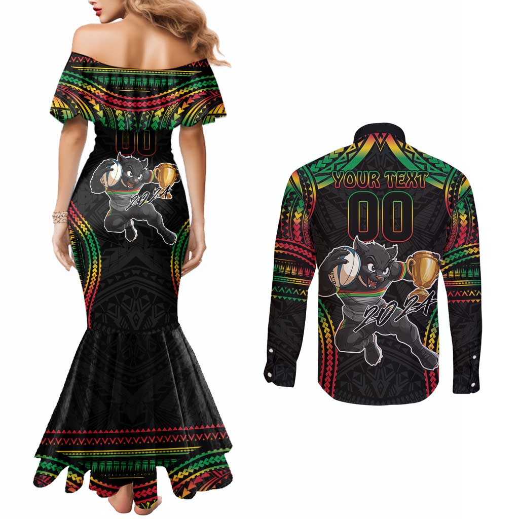 Custom Panthers Champion Grand Final 2024 Couples Matching Mermaid Dress and Long Sleeve Button Shirt With Polynesian Style