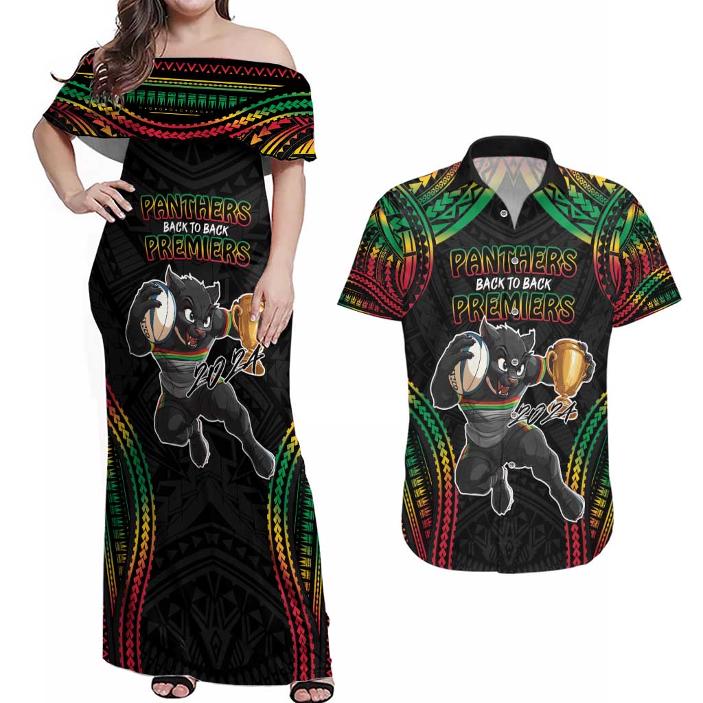 Custom Panthers Champion Grand Final 2024 Couples Matching Off Shoulder Maxi Dress and Hawaiian Shirt With Polynesian Style
