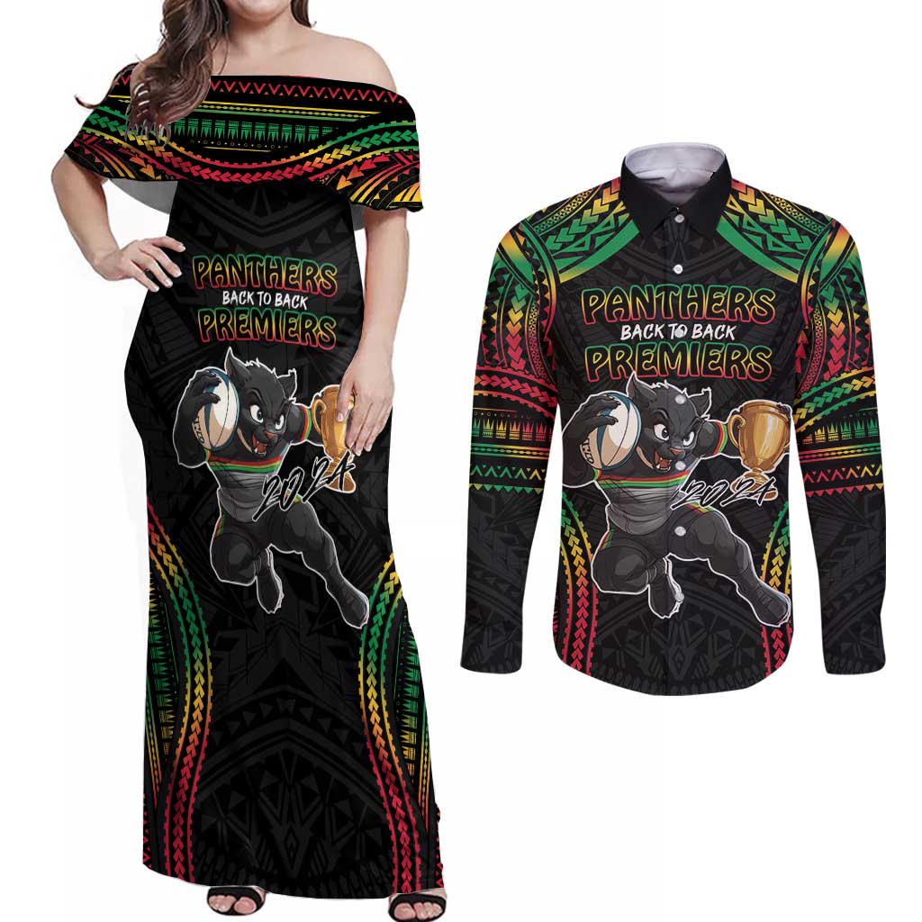 Custom Panthers Champion Grand Final 2024 Couples Matching Off Shoulder Maxi Dress and Long Sleeve Button Shirt With Polynesian Style