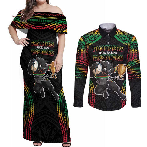Custom Panthers Champion Grand Final 2024 Couples Matching Off Shoulder Maxi Dress and Long Sleeve Button Shirt With Polynesian Style