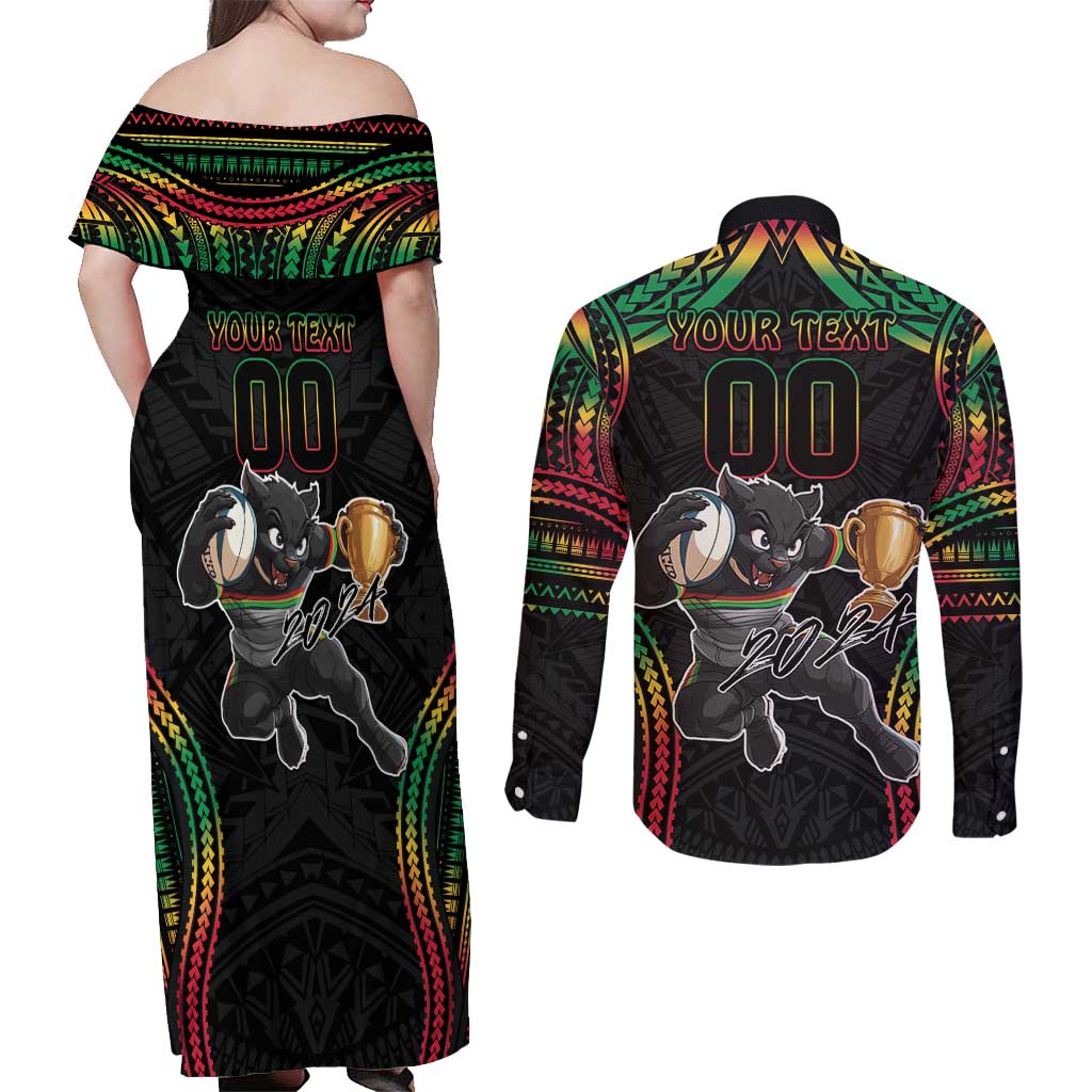 Custom Panthers Champion Grand Final 2024 Couples Matching Off Shoulder Maxi Dress and Long Sleeve Button Shirt With Polynesian Style