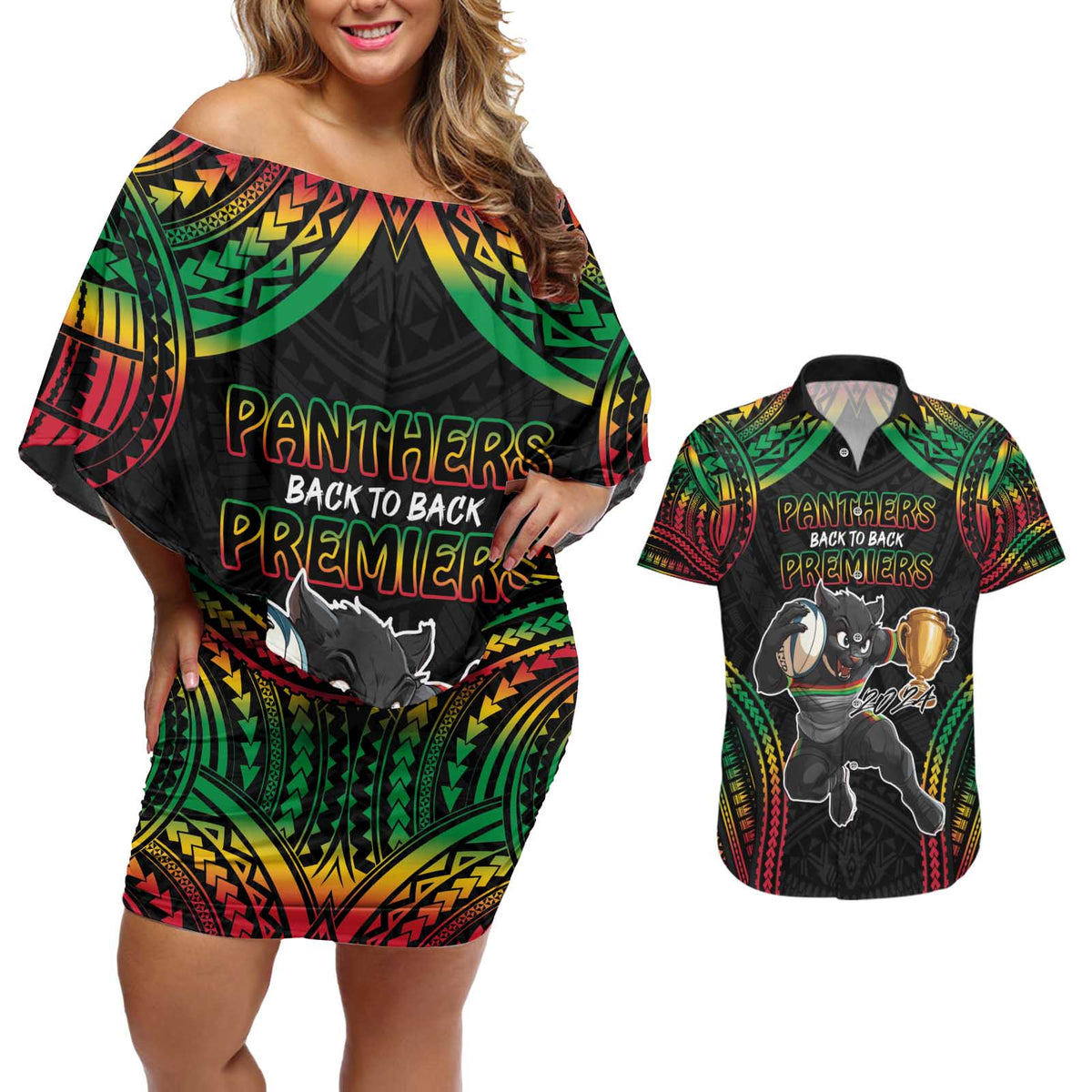 Custom Panthers Champion Grand Final 2024 Couples Matching Off Shoulder Short Dress and Hawaiian Shirt With Polynesian Style