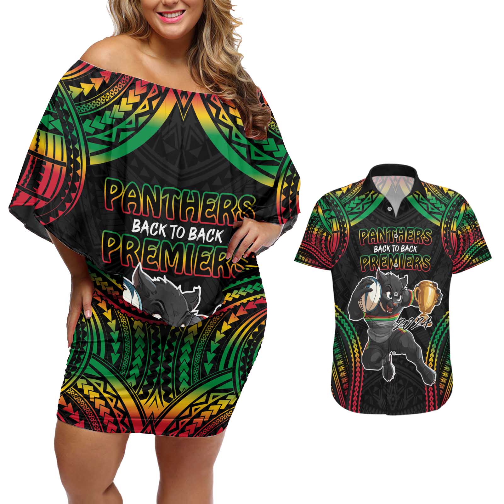 Custom Panthers Champion Grand Final 2024 Couples Matching Off Shoulder Short Dress and Hawaiian Shirt With Polynesian Style