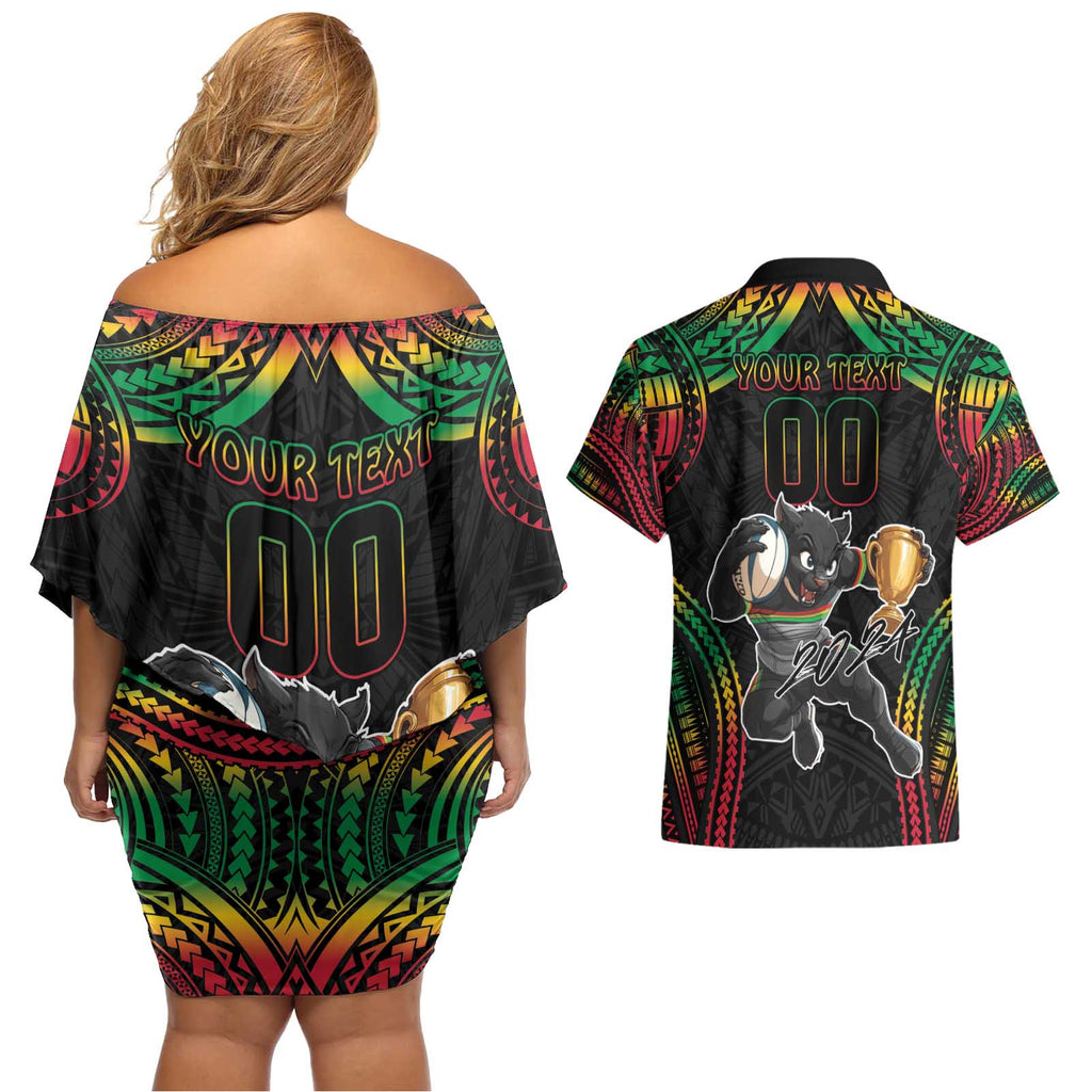 Custom Panthers Champion Grand Final 2024 Couples Matching Off Shoulder Short Dress and Hawaiian Shirt With Polynesian Style
