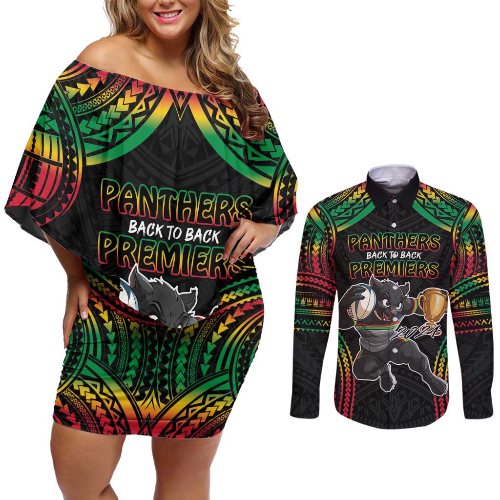 Custom Panthers Champion Grand Final 2024 Couples Matching Off Shoulder Short Dress and Long Sleeve Button Shirt With Polynesian Style