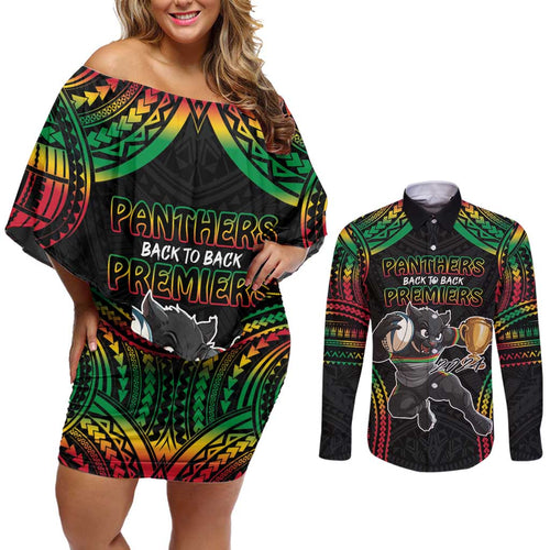 Custom Panthers Champion Grand Final 2024 Couples Matching Off Shoulder Short Dress and Long Sleeve Button Shirt With Polynesian Style