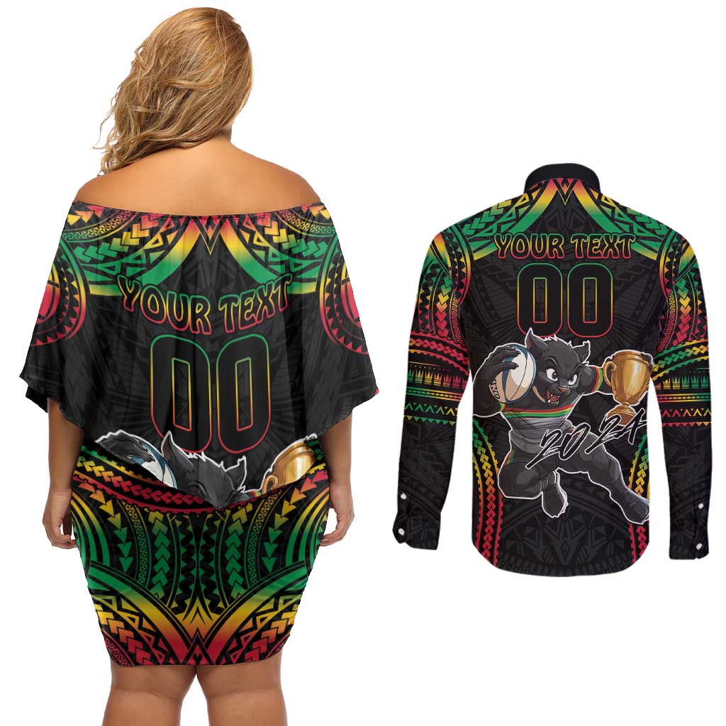 Custom Panthers Champion Grand Final 2024 Couples Matching Off Shoulder Short Dress and Long Sleeve Button Shirt With Polynesian Style