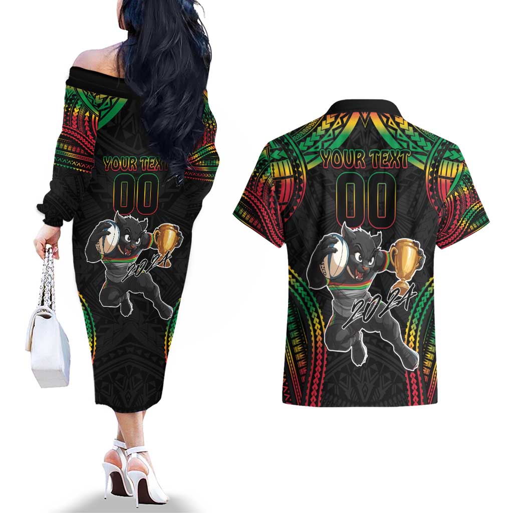 Custom Panthers Champion Grand Final 2024 Couples Matching Off The Shoulder Long Sleeve Dress and Hawaiian Shirt With Polynesian Style