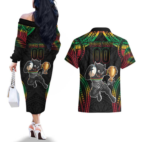 Custom Panthers Champion Grand Final 2024 Couples Matching Off The Shoulder Long Sleeve Dress and Hawaiian Shirt With Polynesian Style
