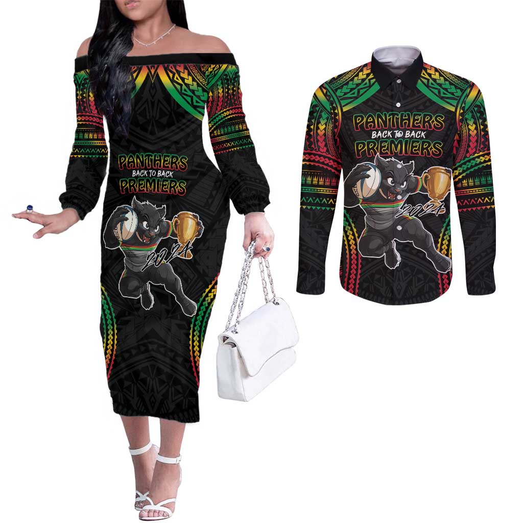 Custom Panthers Champion Grand Final 2024 Couples Matching Off The Shoulder Long Sleeve Dress and Long Sleeve Button Shirt With Polynesian Style