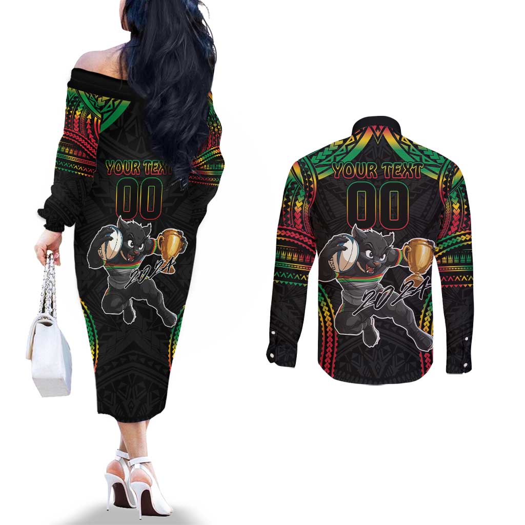 Custom Panthers Champion Grand Final 2024 Couples Matching Off The Shoulder Long Sleeve Dress and Long Sleeve Button Shirt With Polynesian Style