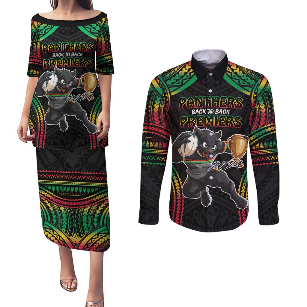 Custom Panthers Champion Grand Final 2024 Couples Matching Puletasi and Long Sleeve Button Shirt With Polynesian Style