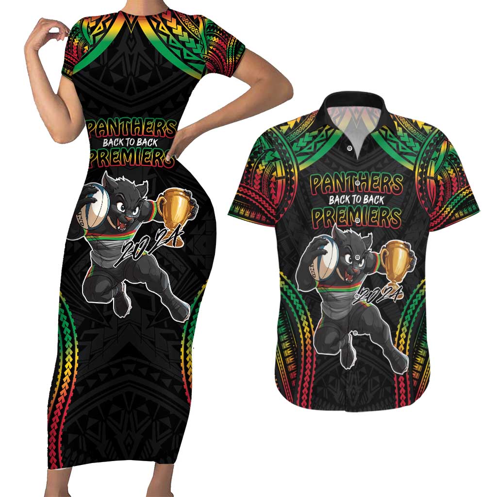Custom Panthers Champion Grand Final 2024 Couples Matching Short Sleeve Bodycon Dress and Hawaiian Shirt With Polynesian Style