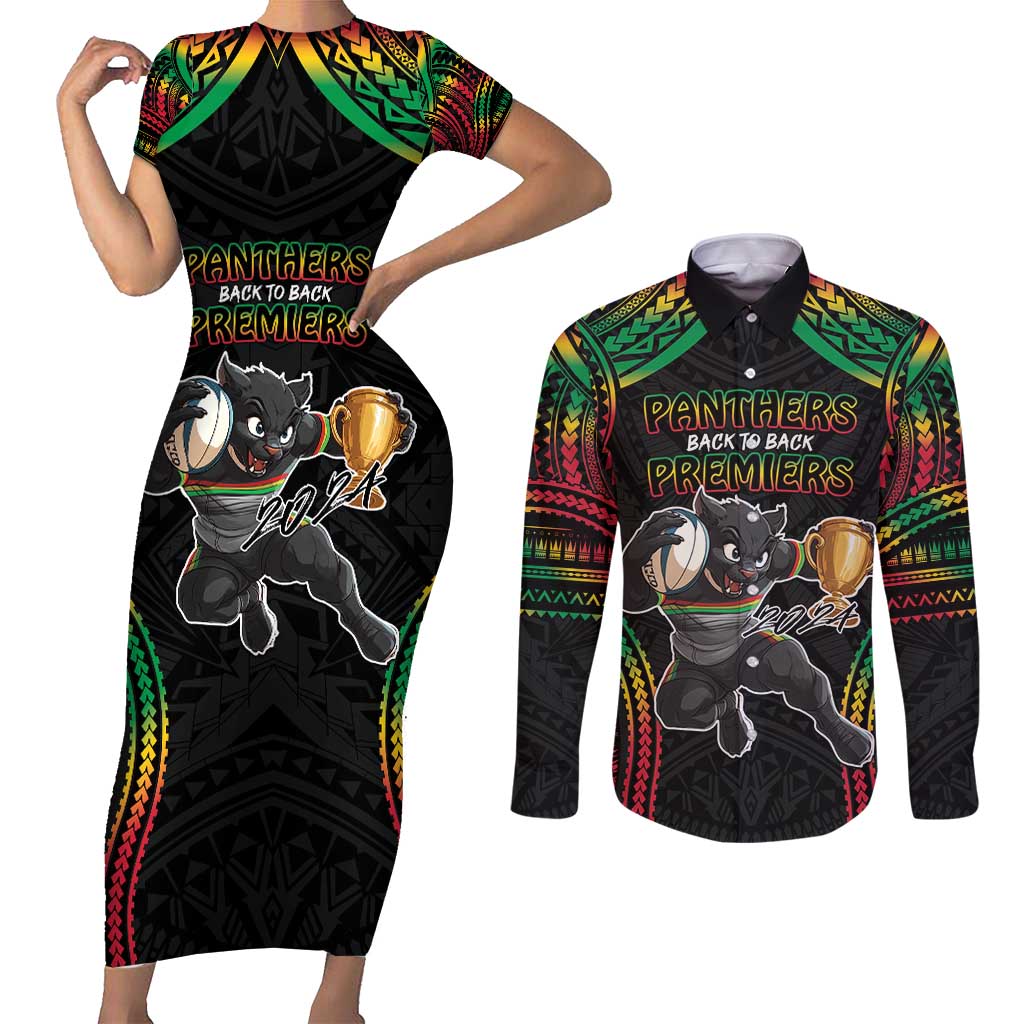 Custom Panthers Champion Grand Final 2024 Couples Matching Short Sleeve Bodycon Dress and Long Sleeve Button Shirt With Polynesian Style