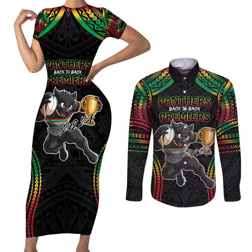 Custom Panthers Champion Grand Final 2024 Couples Matching Short Sleeve Bodycon Dress and Long Sleeve Button Shirt With Polynesian Style