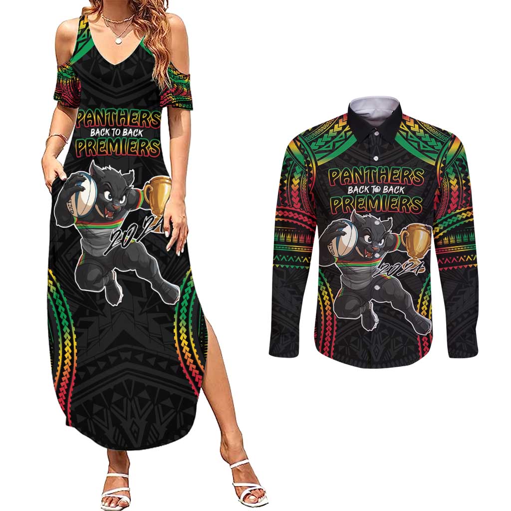 Custom Panthers Champion Grand Final 2024 Couples Matching Summer Maxi Dress and Long Sleeve Button Shirt With Polynesian Style
