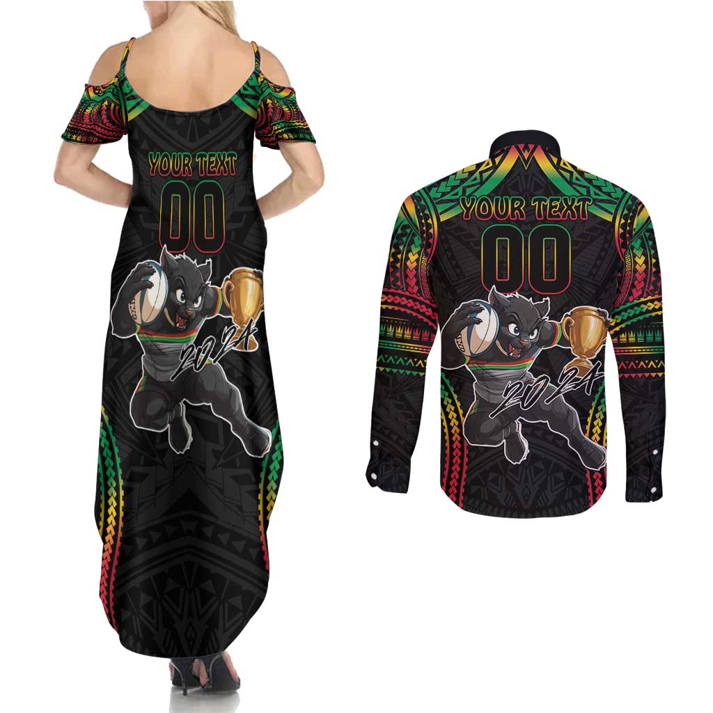 Custom Panthers Champion Grand Final 2024 Couples Matching Summer Maxi Dress and Long Sleeve Button Shirt With Polynesian Style