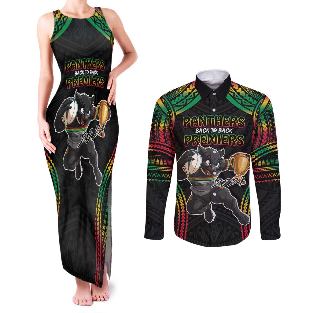 Custom Panthers Champion Grand Final 2024 Couples Matching Tank Maxi Dress and Long Sleeve Button Shirt With Polynesian Style
