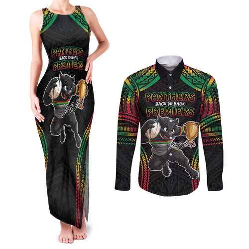 Custom Panthers Champion Grand Final 2024 Couples Matching Tank Maxi Dress and Long Sleeve Button Shirt With Polynesian Style