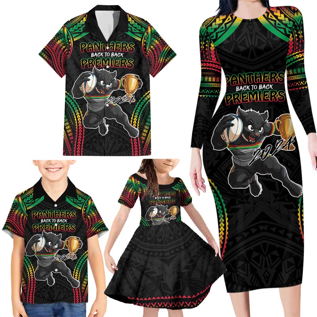 Custom Panthers Champion Grand Final 2024 Family Matching Long Sleeve Bodycon Dress and Hawaiian Shirt With Polynesian Style