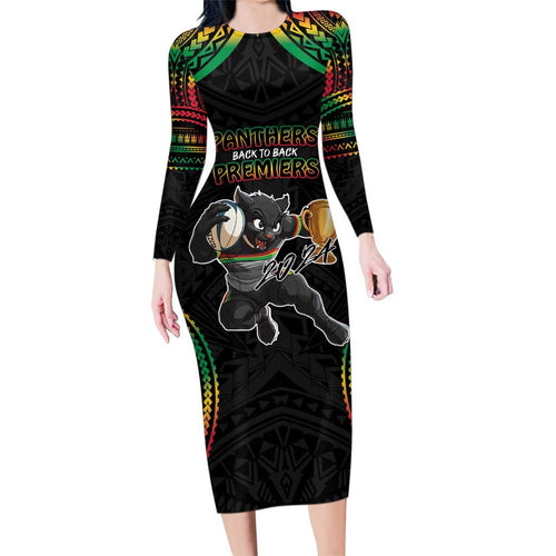 Custom Panthers Champion Grand Final 2024 Family Matching Long Sleeve Bodycon Dress and Hawaiian Shirt With Polynesian Style