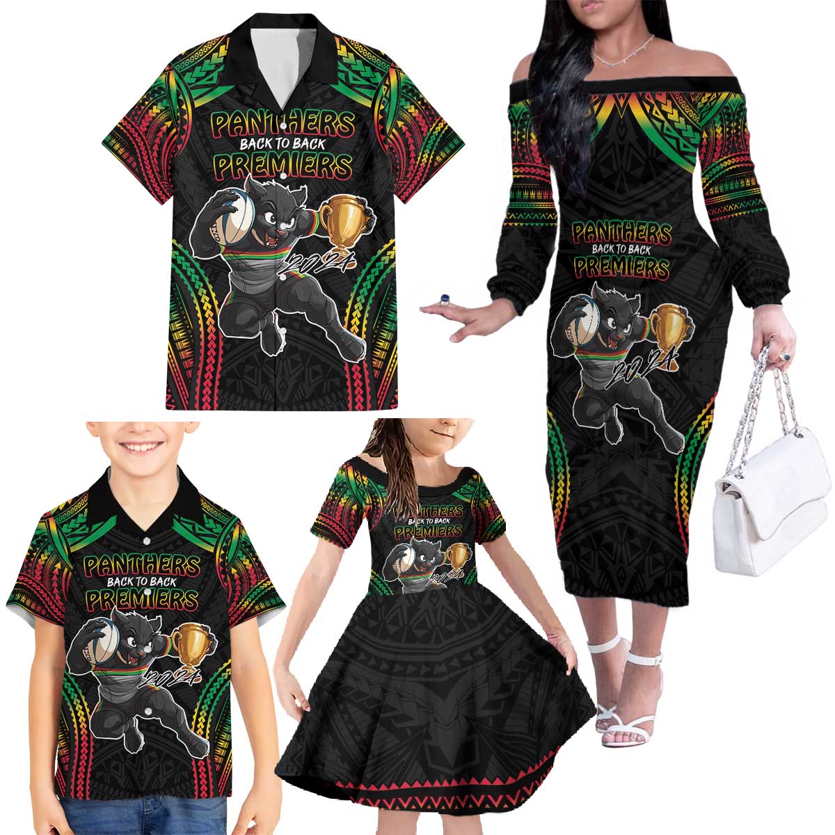 Custom Panthers Champion Grand Final 2024 Family Matching Off The Shoulder Long Sleeve Dress and Hawaiian Shirt With Polynesian Style