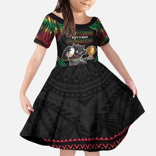 Custom Panthers Champion Grand Final 2024 Family Matching Off The Shoulder Long Sleeve Dress and Hawaiian Shirt With Polynesian Style