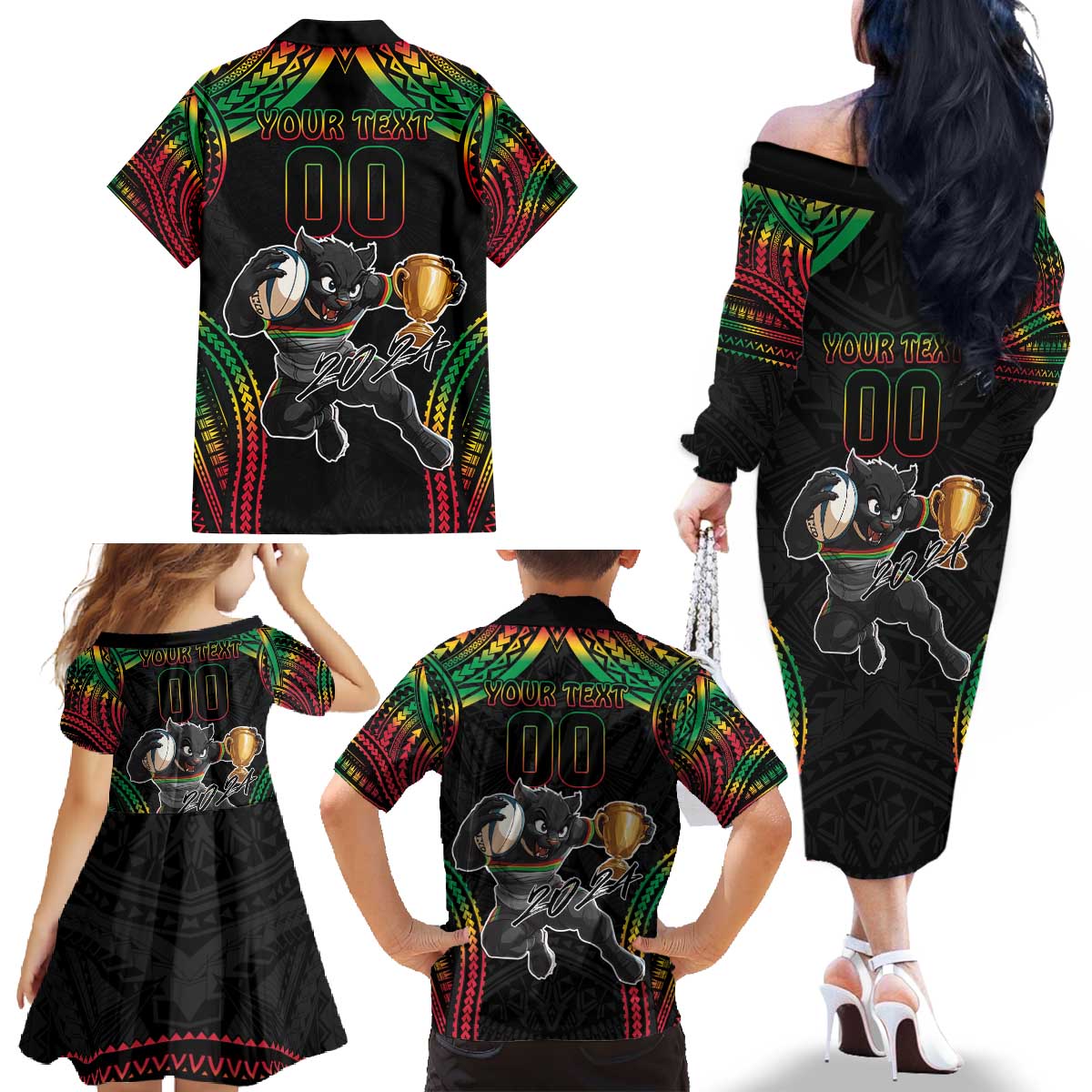 Custom Panthers Champion Grand Final 2024 Family Matching Off The Shoulder Long Sleeve Dress and Hawaiian Shirt With Polynesian Style