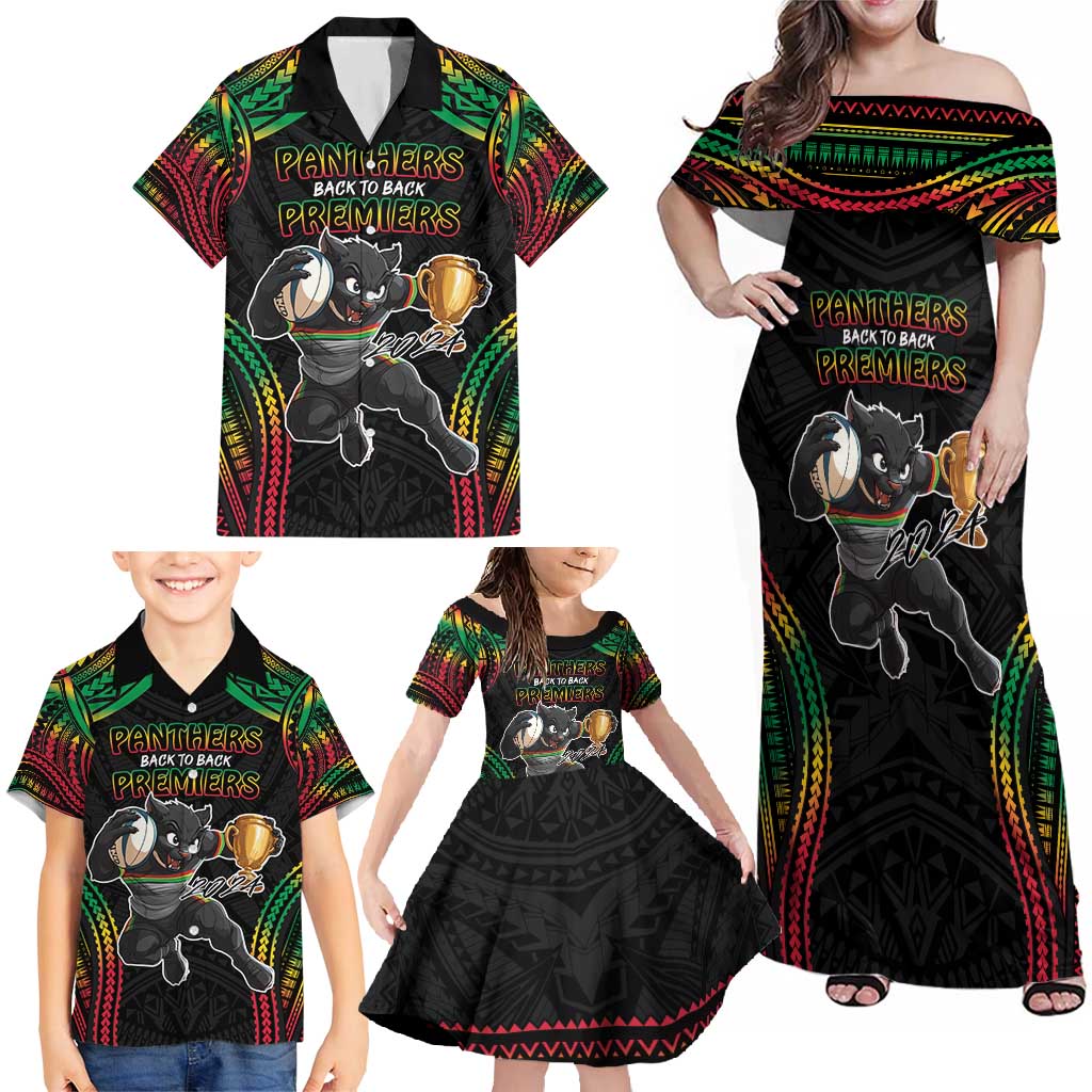 Custom Panthers Champion Grand Final 2024 Family Matching Off Shoulder Maxi Dress and Hawaiian Shirt With Polynesian Style