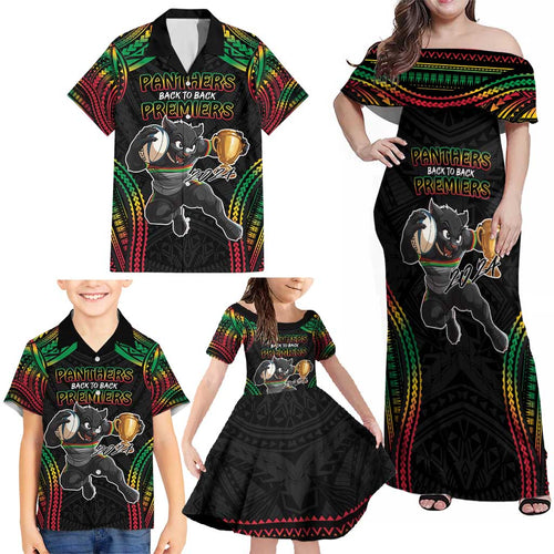Custom Panthers Champion Grand Final 2024 Family Matching Off Shoulder Maxi Dress and Hawaiian Shirt With Polynesian Style
