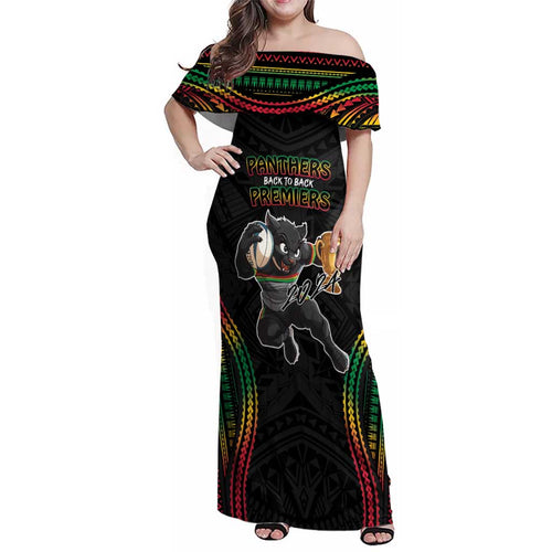 Custom Panthers Champion Grand Final 2024 Family Matching Off Shoulder Maxi Dress and Hawaiian Shirt With Polynesian Style