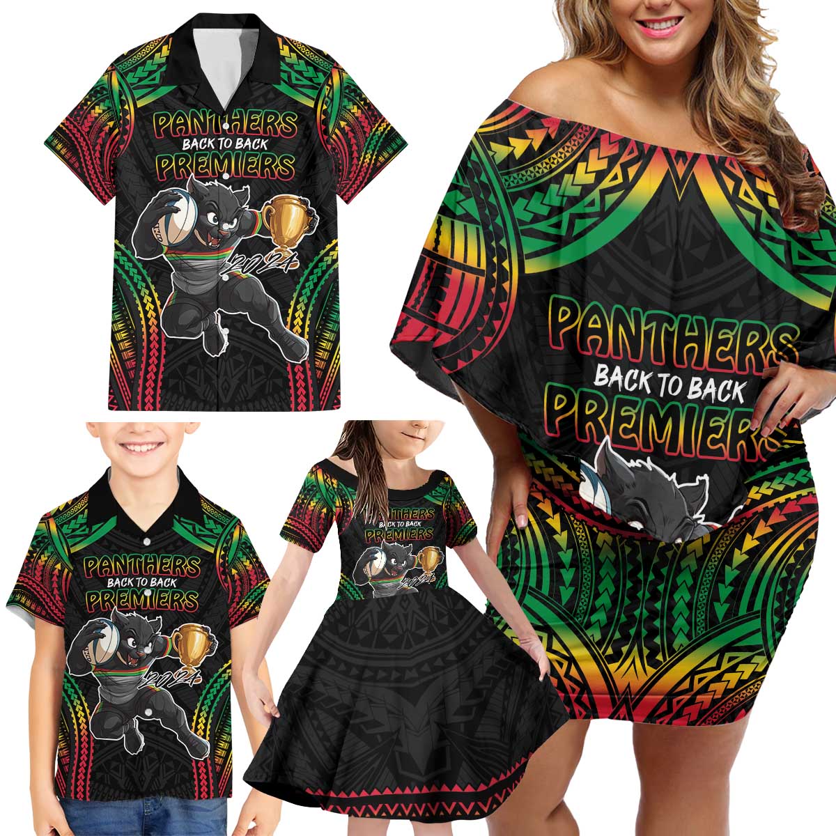 Custom Panthers Champion Grand Final 2024 Family Matching Off Shoulder Short Dress and Hawaiian Shirt With Polynesian Style