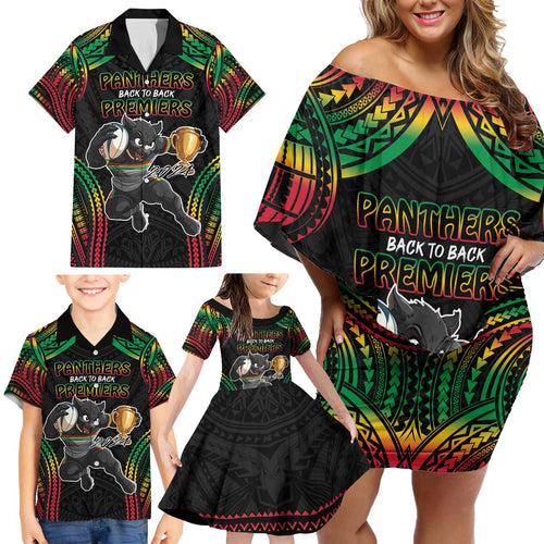 Custom Panthers Champion Grand Final 2024 Family Matching Off Shoulder Short Dress and Hawaiian Shirt With Polynesian Style