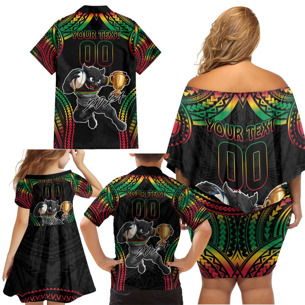 Custom Panthers Champion Grand Final 2024 Family Matching Off Shoulder Short Dress and Hawaiian Shirt With Polynesian Style