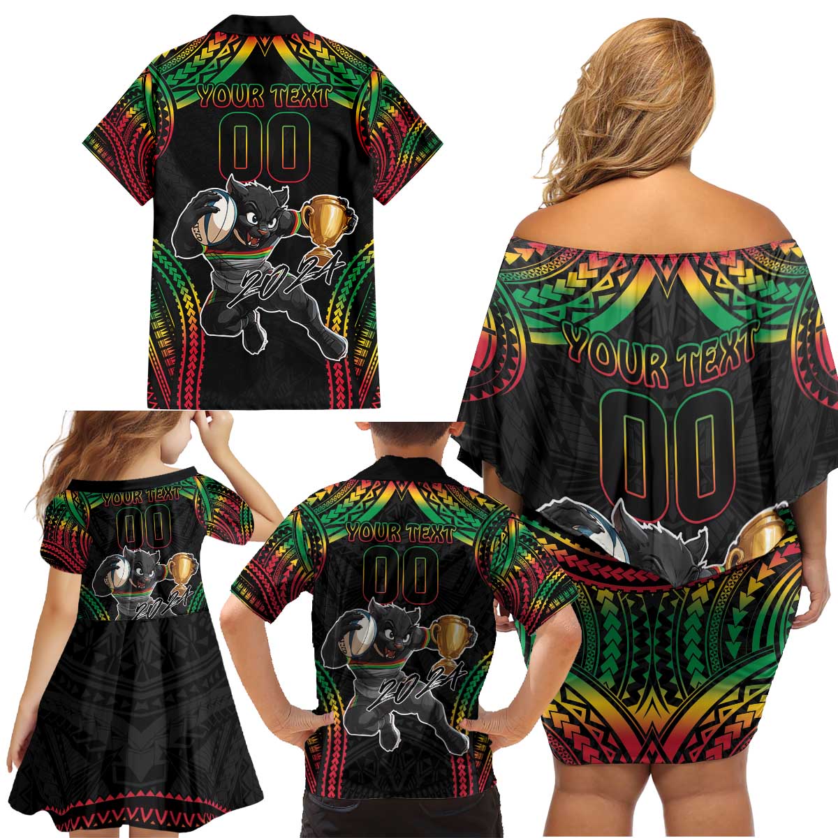 Custom Panthers Champion Grand Final 2024 Family Matching Off Shoulder Short Dress and Hawaiian Shirt With Polynesian Style