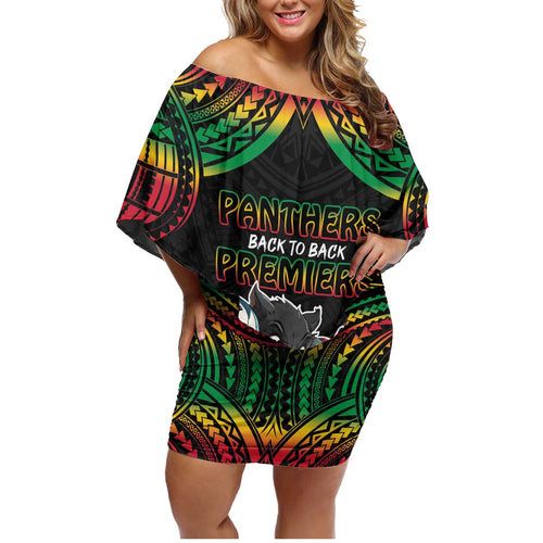 Custom Panthers Champion Grand Final 2024 Family Matching Off Shoulder Short Dress and Hawaiian Shirt With Polynesian Style