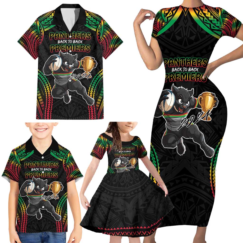 Custom Panthers Champion Grand Final 2024 Family Matching Short Sleeve Bodycon Dress and Hawaiian Shirt With Polynesian Style
