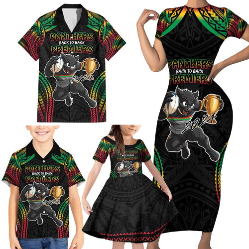 Custom Panthers Champion Grand Final 2024 Family Matching Short Sleeve Bodycon Dress and Hawaiian Shirt With Polynesian Style